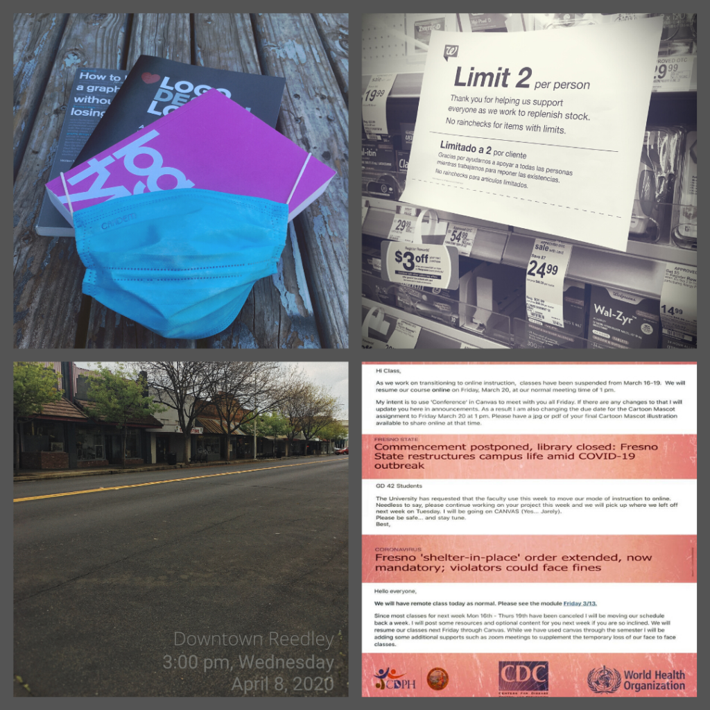 photo collage: Images of Face mask with textbooks, limit 2 sign on a pharmacy shelf, empty streets, and letter to students re: CoVid-19