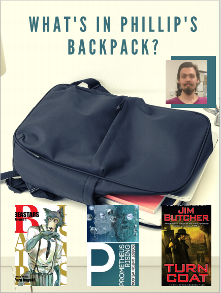 Phillip's Backpack with 3 books and a profile pic